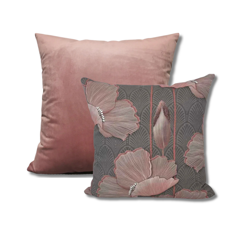 Art Deco Poppies Blush 17x17" + Franklin Blush 20x20" Throw Pillow Set