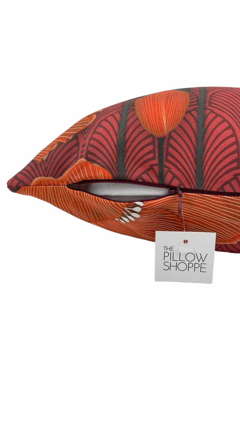 Art Deco Poppies Burnt Orange Throw Pillow 17x17"