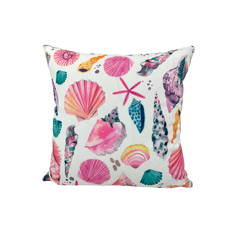 Sea Shells Pink & Blue Outdoor Throw Pillow 17x17"